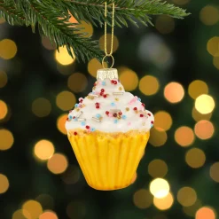 Best 3" White and Golden Cupcake Glass Christmas Hanging Ornament Food & Beverage
