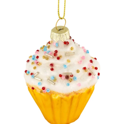 Best 3" White and Golden Cupcake Glass Christmas Hanging Ornament Food & Beverage