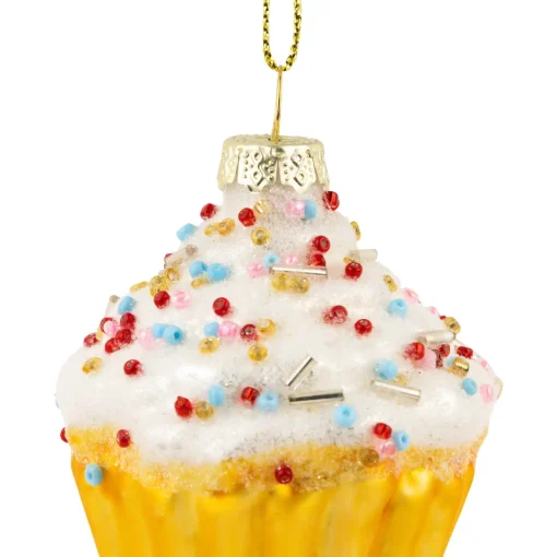 Best 3" White and Golden Cupcake Glass Christmas Hanging Ornament Food & Beverage