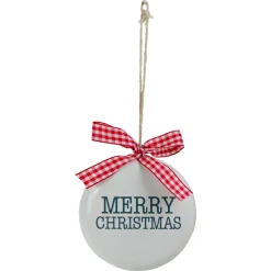 Hot 4.5" White and Red Merry Christmas Ornament with a Bow Disk Ornaments