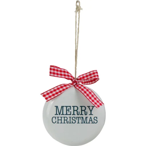 Hot 4.5" White and Red Merry Christmas Ornament with a Bow Disk Ornaments