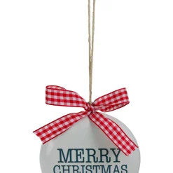 Hot 4.5" White and Red Merry Christmas Ornament with a Bow Disk Ornaments