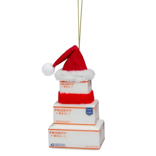 Sale 4.5" White and Red "USPS Priority Mail" Stacked Packages Santa Hat Christmas Ornament Occupations