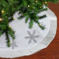 Clearance 48" White and Silver Embroidered Sequin Snowflakes Tree Skirt Cloth|Metal