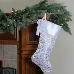 Best 19” White and Silver Filigree Christmas Stocking with Bows Stockings