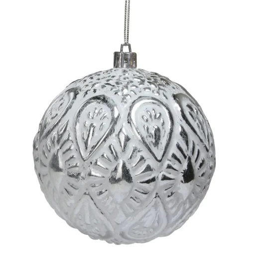New 3.5" White and Silver Floral Distressed Christmas Ball Ornament Glass|Ball Ornaments
