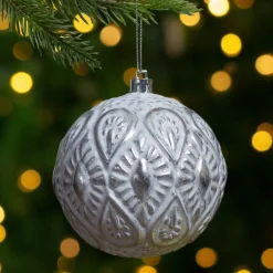 New 3.5" White and Silver Floral Distressed Christmas Ball Ornament Glass|Ball Ornaments
