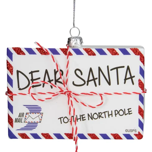 New 3.5" White Envelope "USPS Dear Santa" With Stripes Glass Christmas Ornament Santa Claus