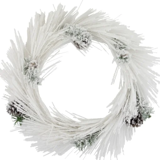 Clearance 24" White Flocked Artificial Christmas Wreath with Pine Cones Unlit
