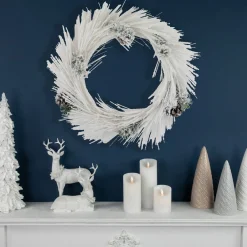 Clearance 24" White Flocked Artificial Christmas Wreath with Pine Cones Unlit