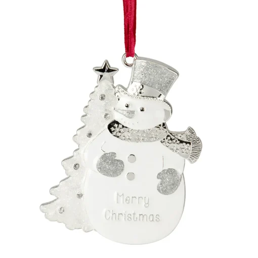 3.5" White Silver-Plated Snowman Merry Christmas Ornament with European Crystals Snowmen