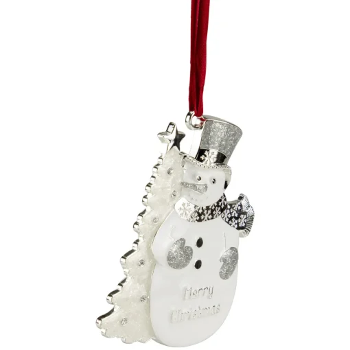 3.5" White Silver-Plated Snowman Merry Christmas Ornament with European Crystals Snowmen