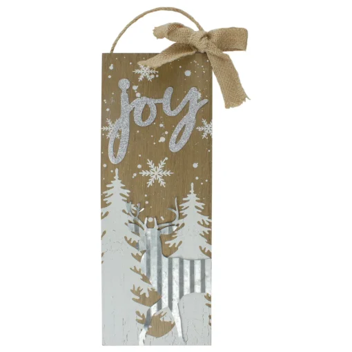 Best 12.5" White Trees and Snow with Metal Deer and Joy Wooden Christmas Wall Decor Door