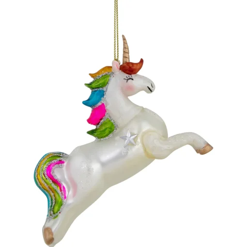 Hot 4.5" White Unicorn with Rainbow Mane Glittered Christmas Glass Ornament Animals
