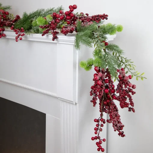 Best 5' x 8" Frosted Red Berry and Pine Artificial Christmas Garland, Unlit Unlit
