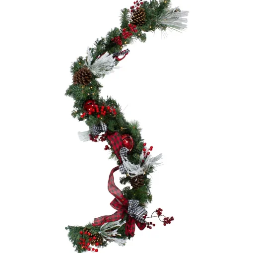 Discount 6' x 12" Pre-Lit Plaid Bows and Red Berries Artificial Christmas Garland - Warm White Lights Pre Lit