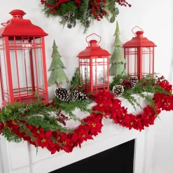 Outlet 6' x 3" Red Artificial Poinsettia Floral Christmas Garland - Unlit Unlit