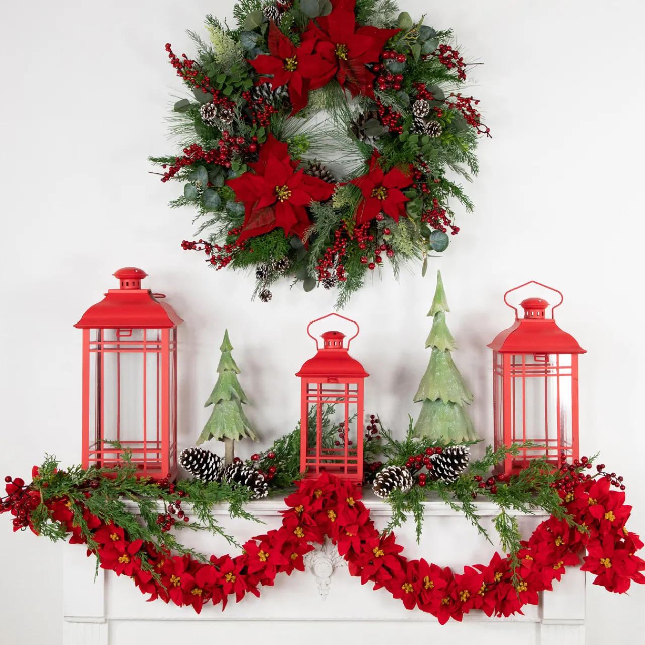 Outlet 6' x 3" Red Artificial Poinsettia Floral Christmas Garland - Unlit Unlit