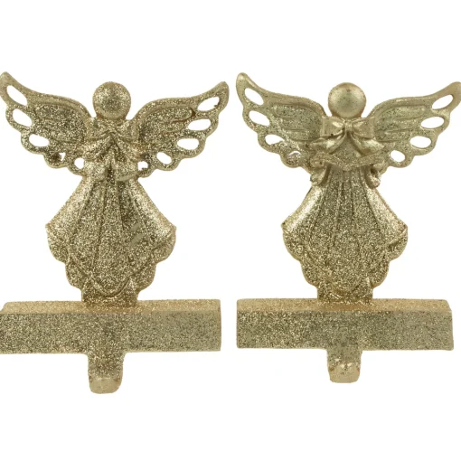 Outlet Angel Glittered Christmas Stocking Holders - 5.5" - Gold - Set of 2 Stocking Holders
