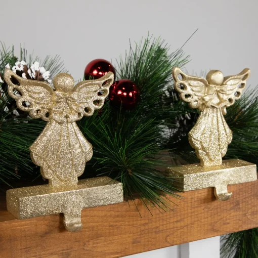 Outlet Angel Glittered Christmas Stocking Holders - 5.5" - Gold - Set of 2 Stocking Holders