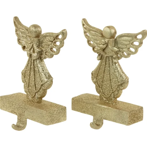 Outlet Angel Glittered Christmas Stocking Holders - 5.5" - Gold - Set of 2 Stocking Holders