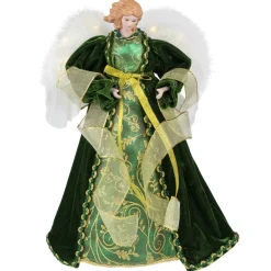 Angel with Lighted Wings Christmas Tree Topper - 14" - Green and Gold Angels