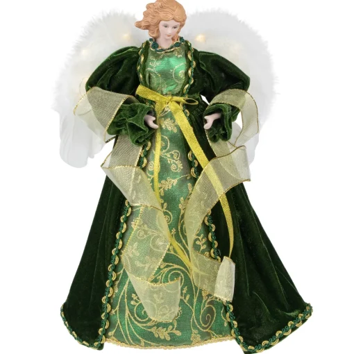Angel with Lighted Wings Christmas Tree Topper - 14" - Green and Gold Angels