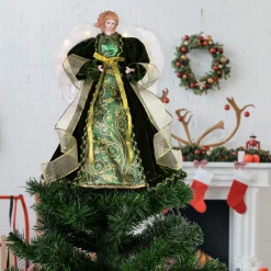 Angel with Lighted Wings Christmas Tree Topper - 14" - Green and Gold Angels