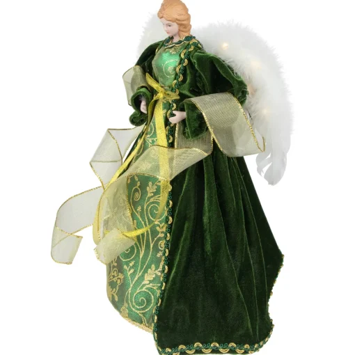 Angel with Lighted Wings Christmas Tree Topper - 14" - Green and Gold Angels