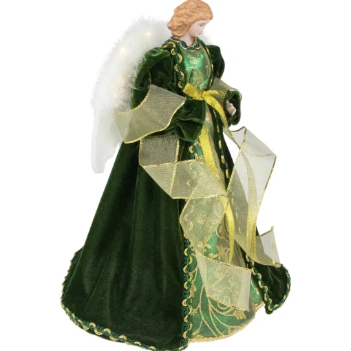 Angel with Lighted Wings Christmas Tree Topper - 14" - Green and Gold Angels