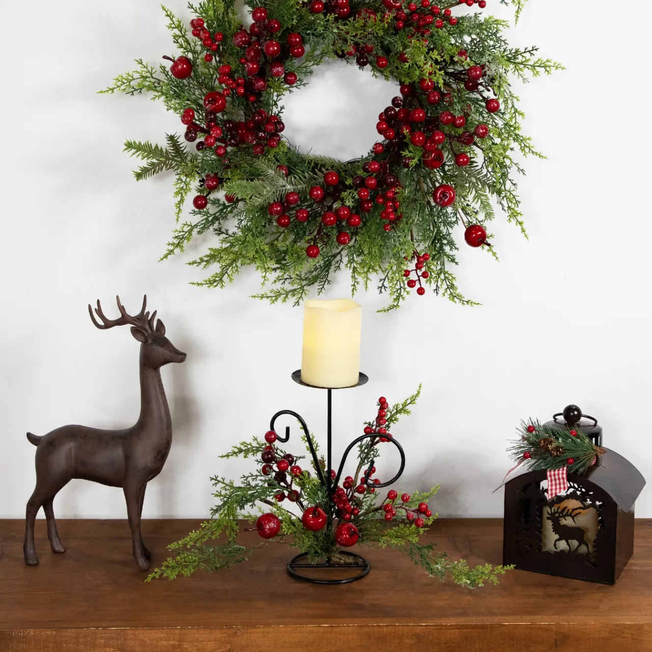 Apples and Berries Christmas Pillar Candle Holder - 10" - Green and Red Candle Holders