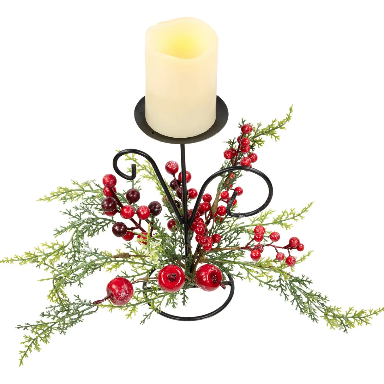 Apples and Berries Christmas Pillar Candle Holder - 10" - Green and Red Candle Holders
