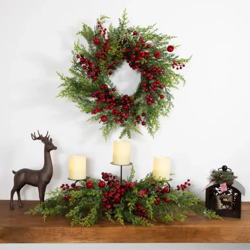 Outlet Apples and Berries Triple Pillar Christmas Candle Holder - 36" - Green and Red Candle Holders