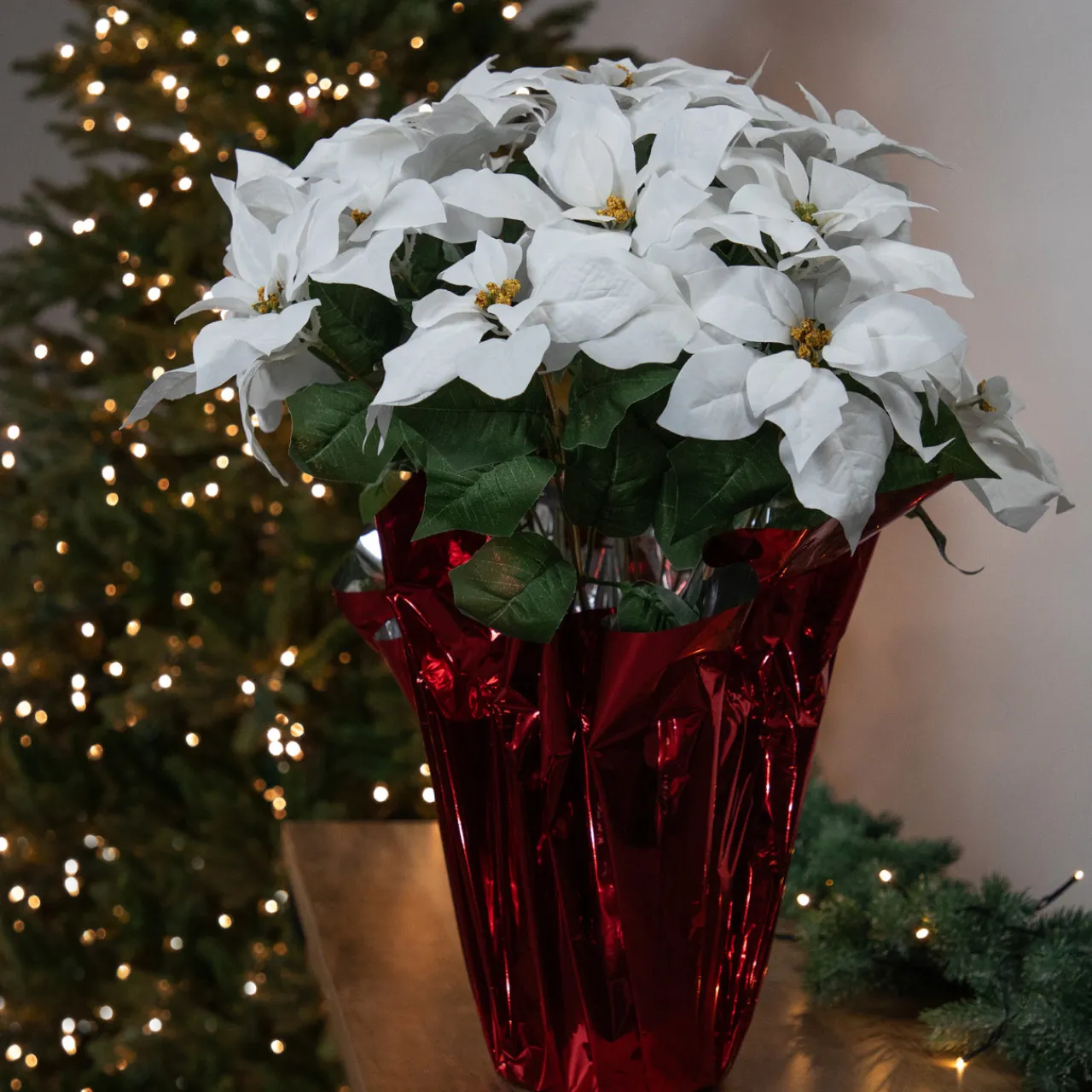 Sale Artificial Christmas Poinsettia in Wrapped Base - 26" - White Poinsettias