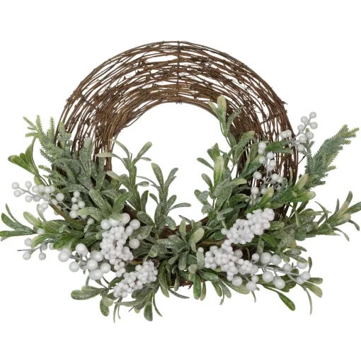 Artificial Christmas Twig Wreath with Frosted Foliage and Berries, 24-Inch, Unlit Unlit