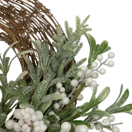 Artificial Christmas Twig Wreath with Frosted Foliage and Berries, 24-Inch, Unlit Unlit