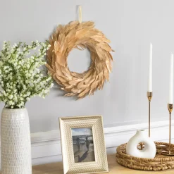 Discount Artificial Feather Wreath - 14" - Gold Pre Decorated