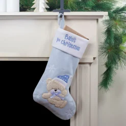 Baby's 1st Christmas Embroidered Teddy Bear Stocking - 19" - Blue and White Stockings