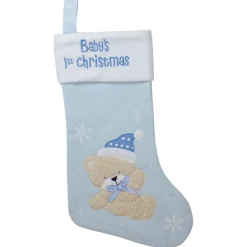 Baby's 1st Christmas Embroidered Teddy Bear Stocking - 19" - Blue and White Stockings