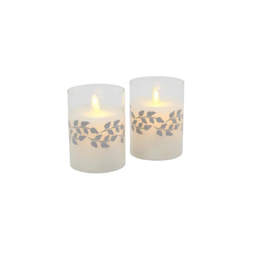 Best Battery Operated LED Glass Candles with Moving Flame, Silver Garland - Set of 2 Flameless Candles