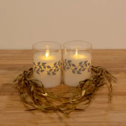 Best Battery Operated LED Glass Candles with Moving Flame, Silver Garland - Set of 2 Flameless Candles