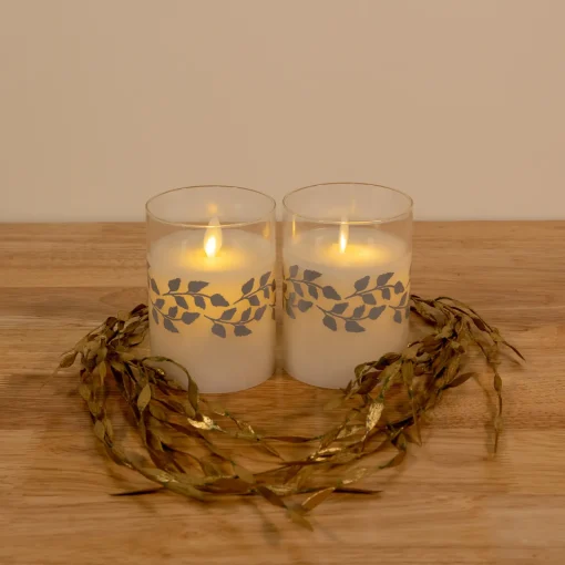Best Battery Operated LED Glass Candles with Moving Flame, Silver Garland - Set of 2 Flameless Candles
