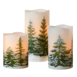 New Battery Operated LED Wax Candles, Green Pines - Set of 3 Flameless Candles