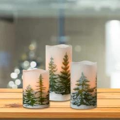 New Battery Operated LED Wax Candles, Green Pines - Set of 3 Flameless Candles
