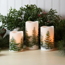 New Battery Operated LED Wax Candles, Green Pines - Set of 3 Flameless Candles