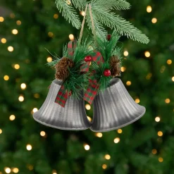 Online Bells with Pine Sprigs and Plaid Bow Christmas Ornaments - 7" - Silver - Set of 2 Finials|Pendants