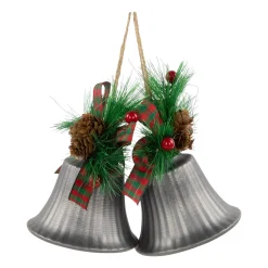 Online Bells with Pine Sprigs and Plaid Bow Christmas Ornaments - 7" - Silver - Set of 2 Finials|Pendants
