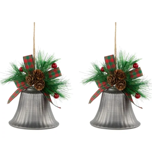 Online Bells with Pine Sprigs and Plaid Bow Christmas Ornaments - 7" - Silver - Set of 2 Finials|Pendants