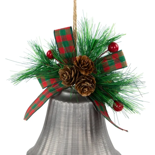 Online Bells with Pine Sprigs and Plaid Bow Christmas Ornaments - 7" - Silver - Set of 2 Finials|Pendants