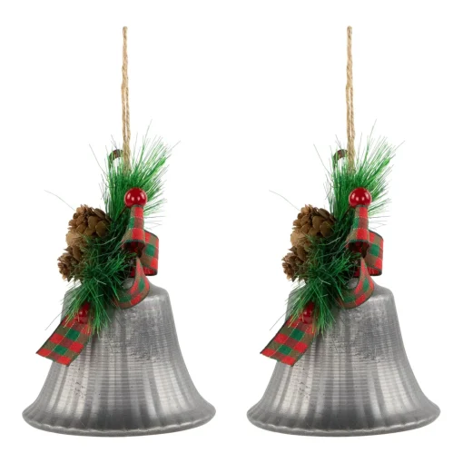 Online Bells with Pine Sprigs and Plaid Bow Christmas Ornaments - 7" - Silver - Set of 2 Finials|Pendants